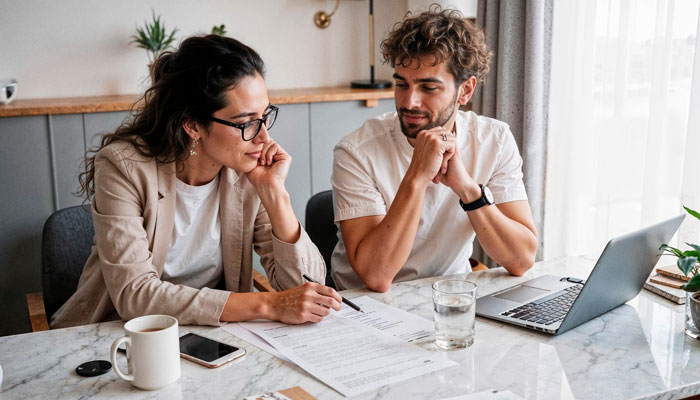 A couple reviews documents together, preparing to start life together, symbolizing the husband's mom's breakdown.