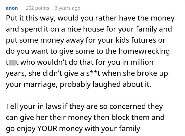 A comment advising a shocked ex to keep the inheritance for her family, not the girlfriend.