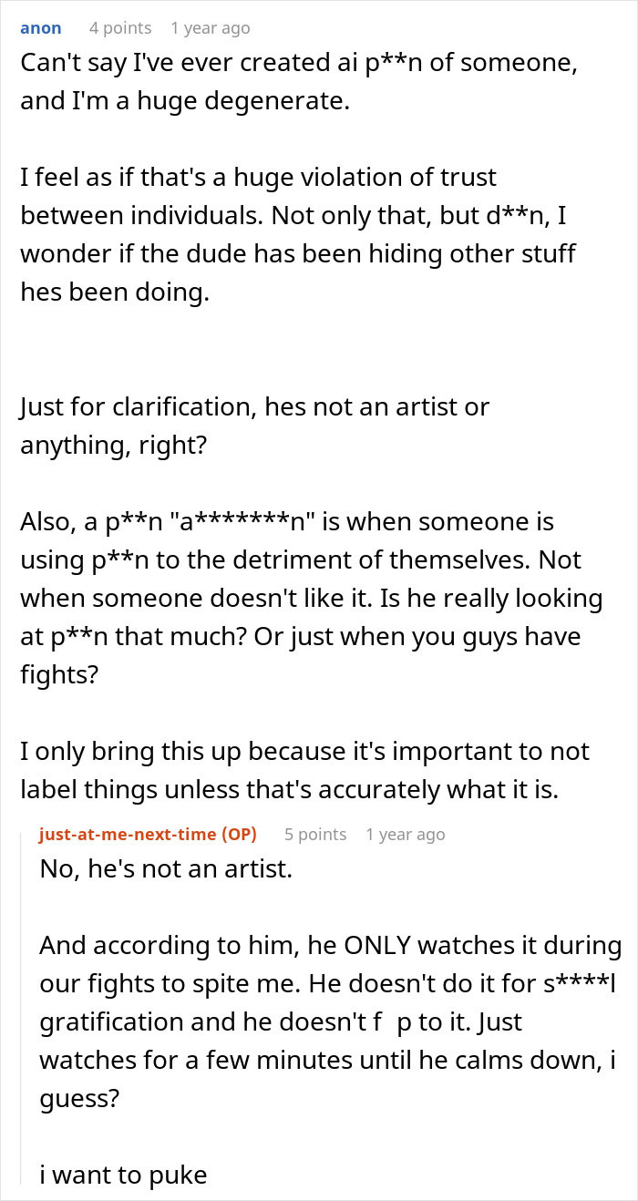 Online discussion about husband's phone revealing generated photos and trust issues