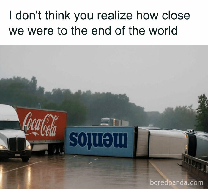 A blursed meme of an overturned Mentos truck next to a Coca-Cola truck on a rainy road.