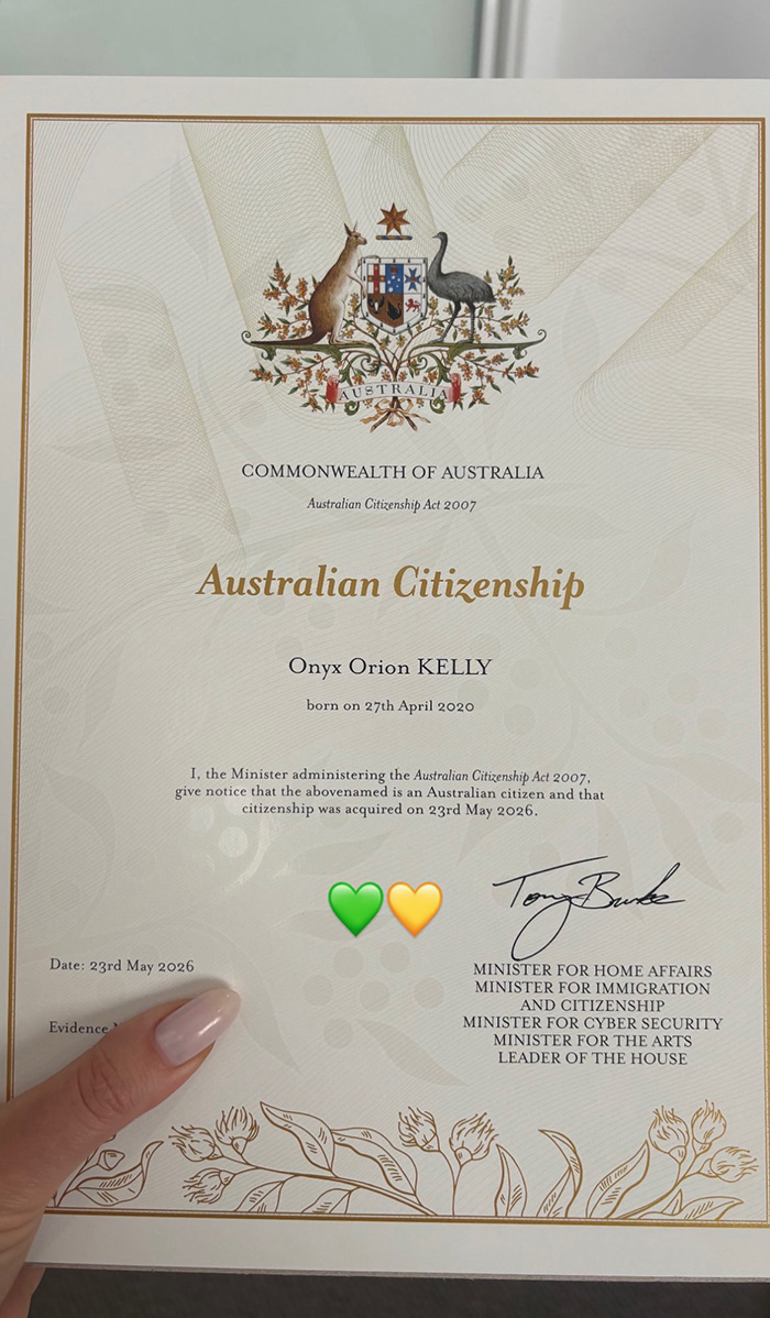 Australian citizenship certificate displaying son's name Onyx Orion Kelly and citizenship details Australian citizenship certificate displaying son's name Onyx Orion Kelly and citizenship details