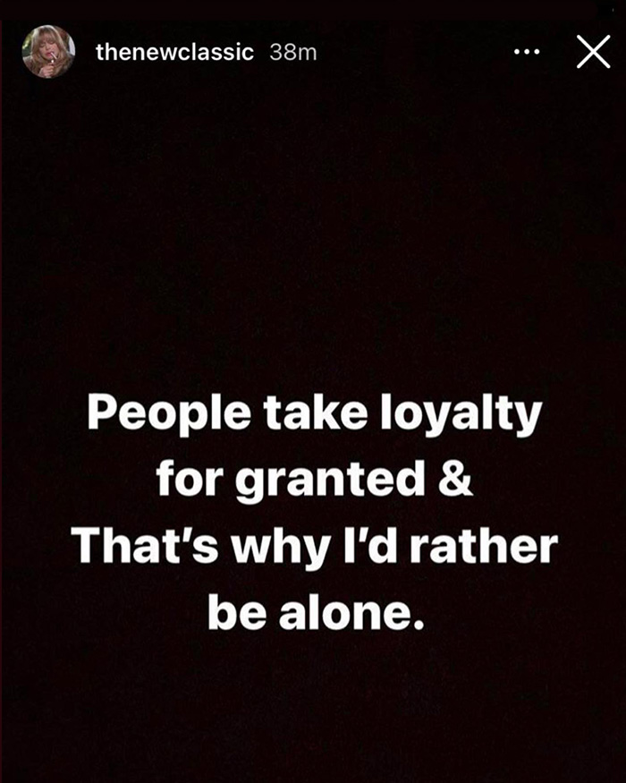 Social media post about loyalty expressing preference to be alone Social media post about loyalty expressing preference to be alone