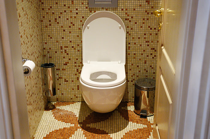 A clean toilet in a tiled bathroom, important for monitoring certain medical symptoms.
