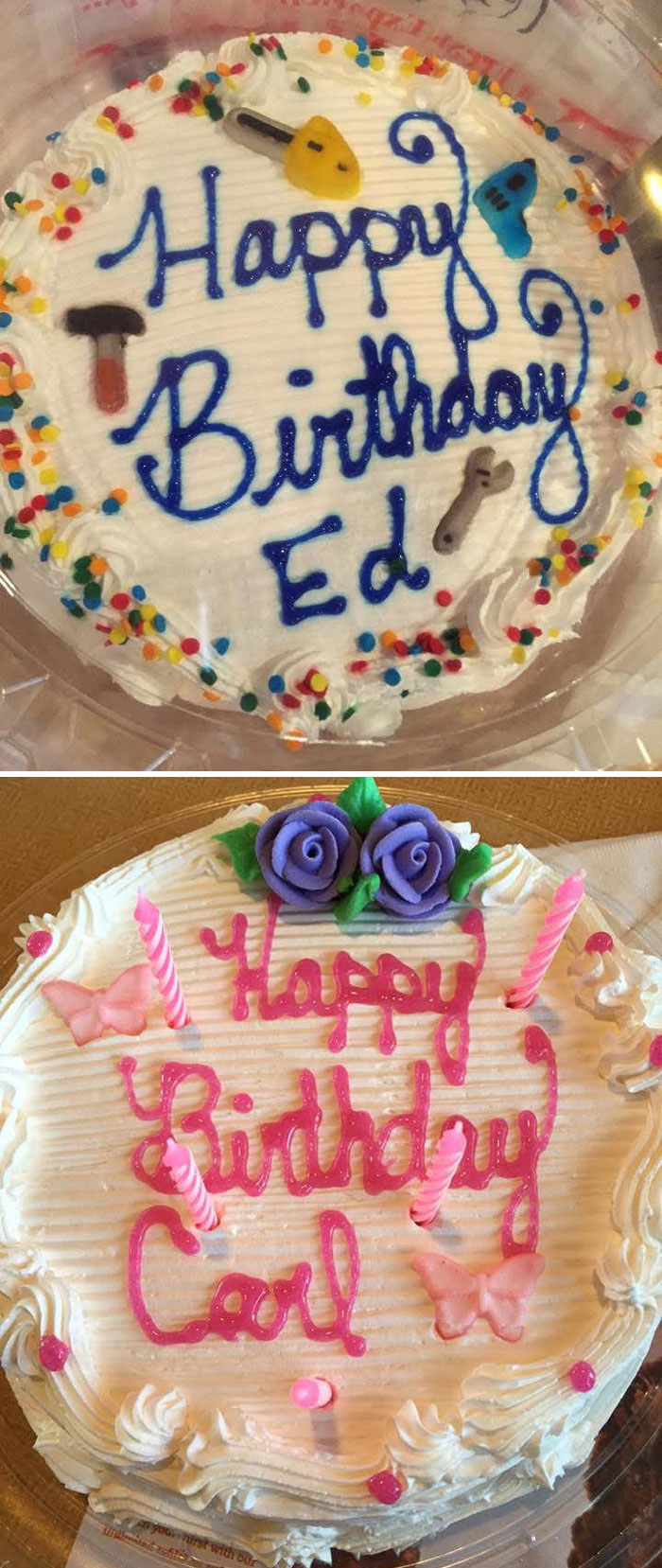 Funny cakes: A split image showing two birthday cakes with decorators hilariously messed up. One for Ed, one for Carol.