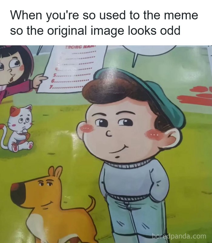 Cartoon boy and dog illustration looking odd in original meme image