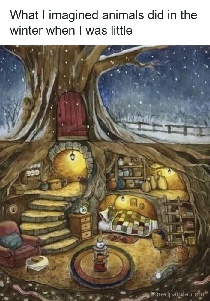 Cozy tree home illustration showing imagined animal activities in winter childhood nostalgia