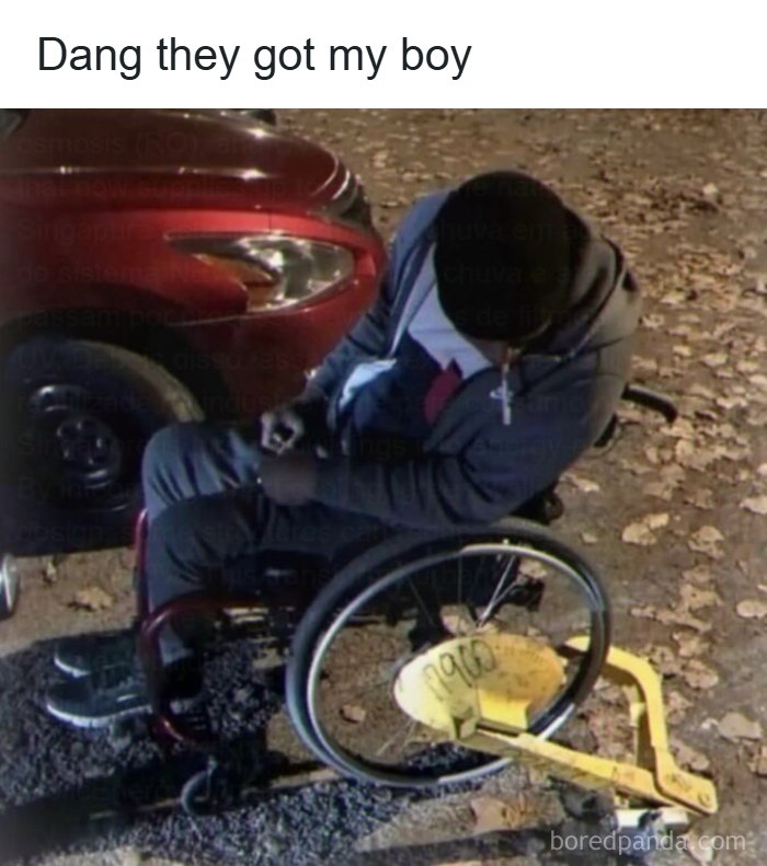 Man in wheelchair with parking boot on wheel, embarrassing posts and memes cringe humor
