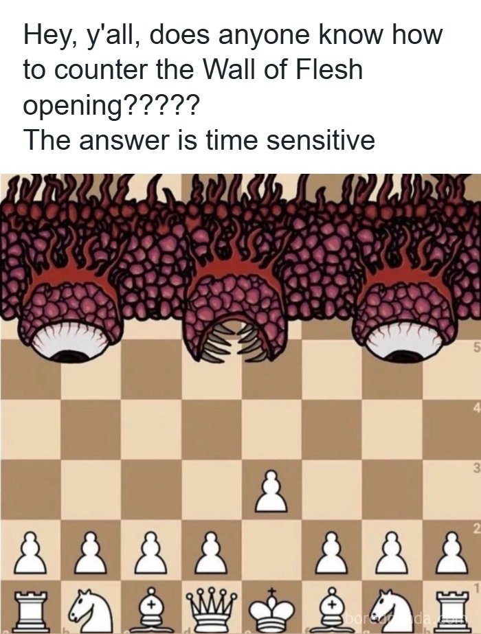 Chessboard with Wall of Flesh creature illustrating time sensitive humor
