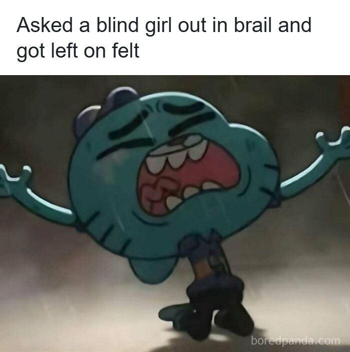 Cartoon character with caption about asking a blind girl out in braille humor