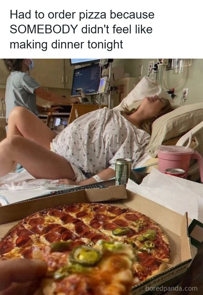 Cringe meme of pregnant woman in hospital bed with pizza in foreground