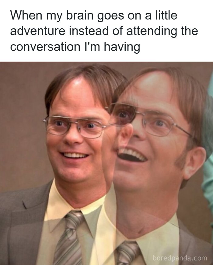Blurred double image of man smiling representing wandering brain during conversation