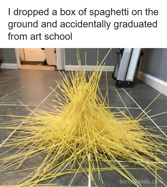 Spaghetti dropped on floor resembling art sculpture in random memes