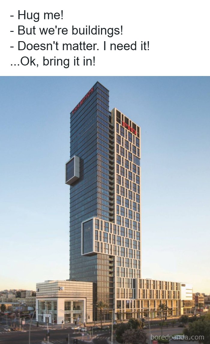 Two tall, modern buildings appearing to hug, illustrating a playful take on architecture and design.