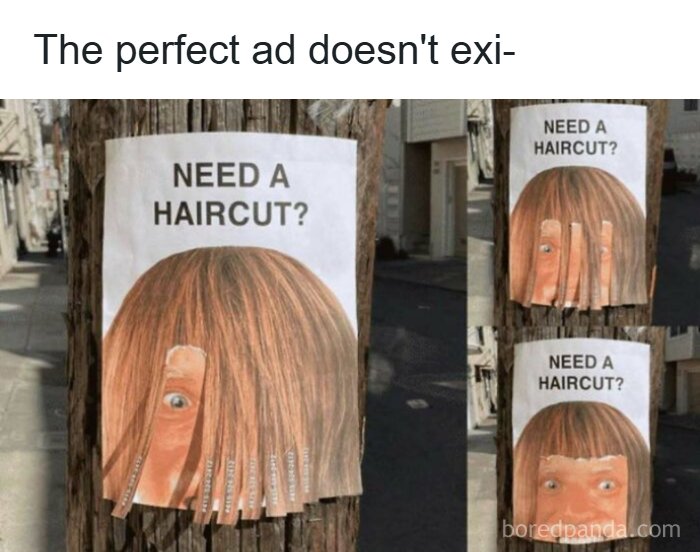 Creative silly meme with haircut ad using cut out hair strips