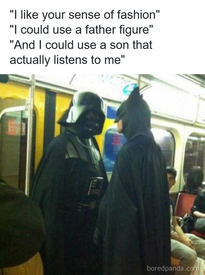 Funny silly meme of Darth Vader and Batman on a subway about father and son figures