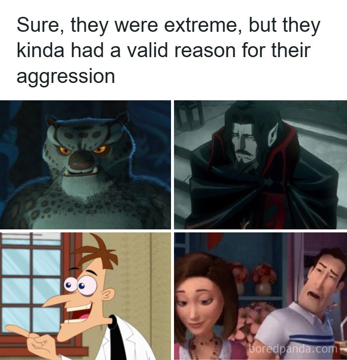 90s and 2000s nostalgia meme showing animated characters and their valid aggression reasons