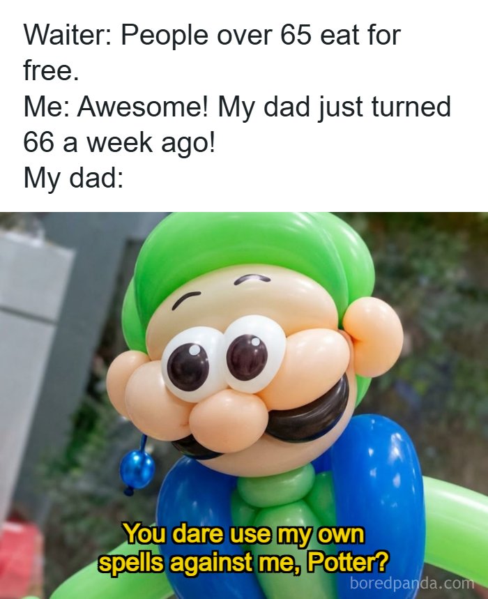Balloon figure meme sarcastically replies to seniors eating for free offer