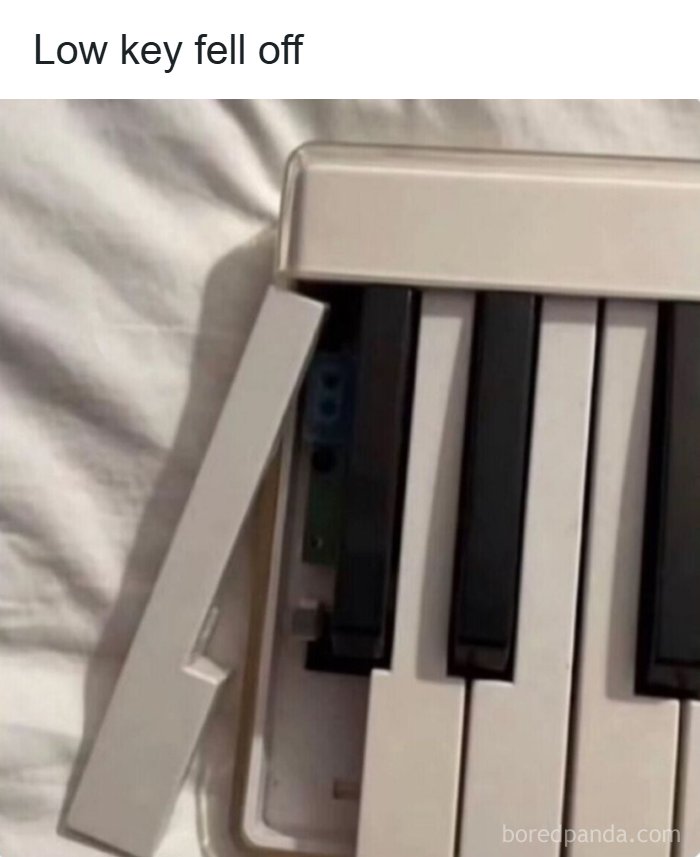 Piano keyboard with one black key falling off