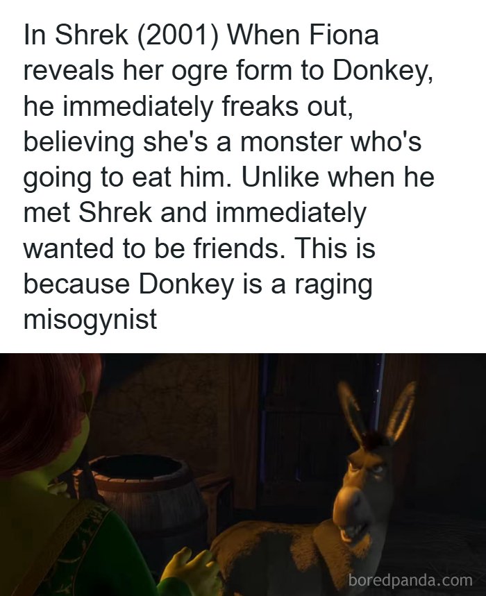 Scene from Shrek showing Fiona's ogre form and Donkey's reaction