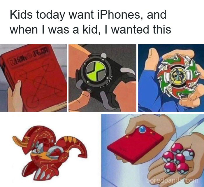 Nostalgic childhood toys meme contrasting kids wanting iPhones and older toys