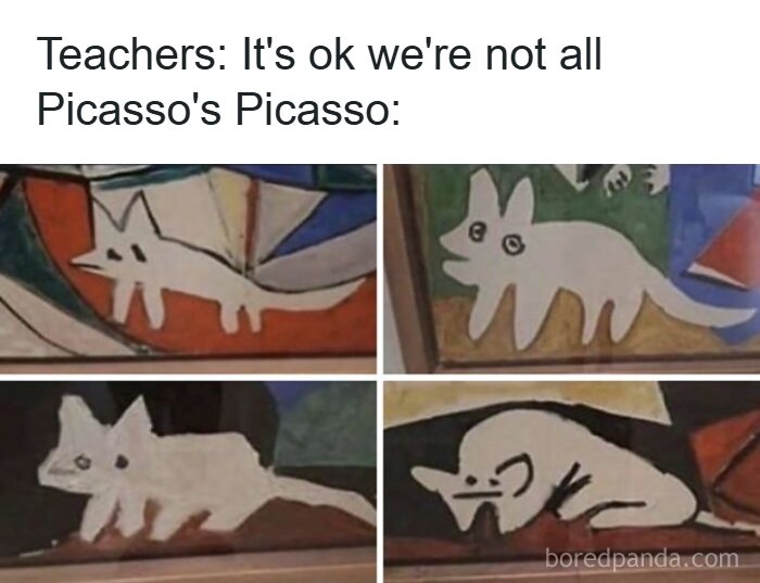 Funny meme showing poorly drawn Picasso style dogs illustrating meme escape reality