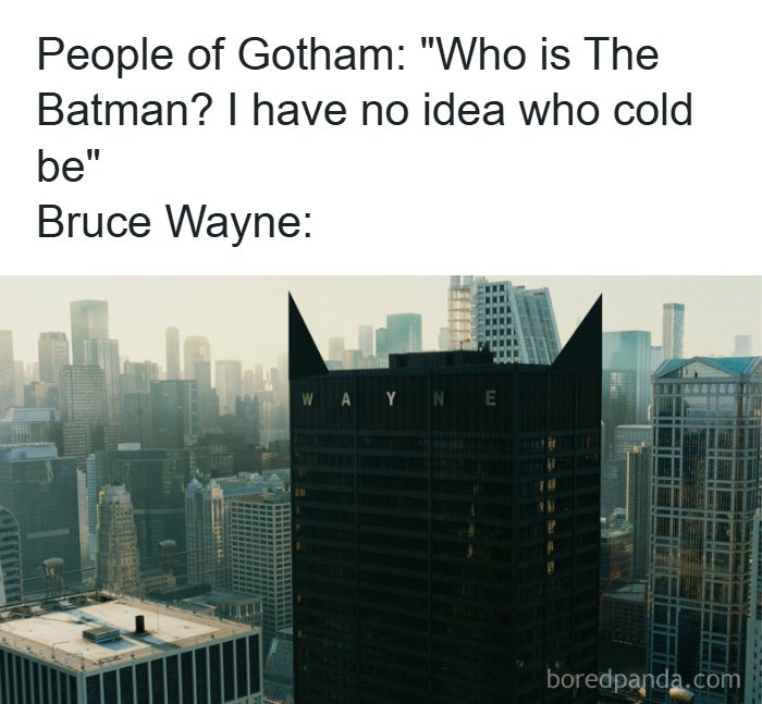 Meme of Gotham Batman building with bat ears referencing Bruce Wayne