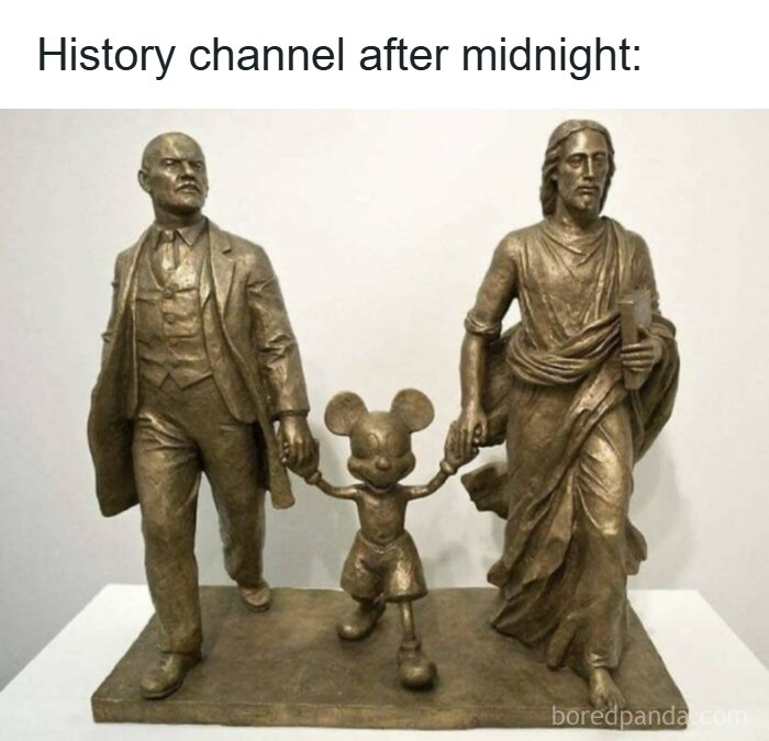 Sculpture meme with Lenin, Jesus, and Mickey Mouse symbolizing history channel after midnight