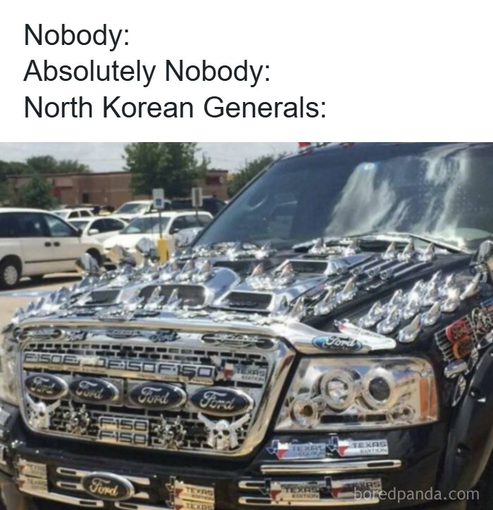 Meme showing North Korean generals with overly decorated Ford truck