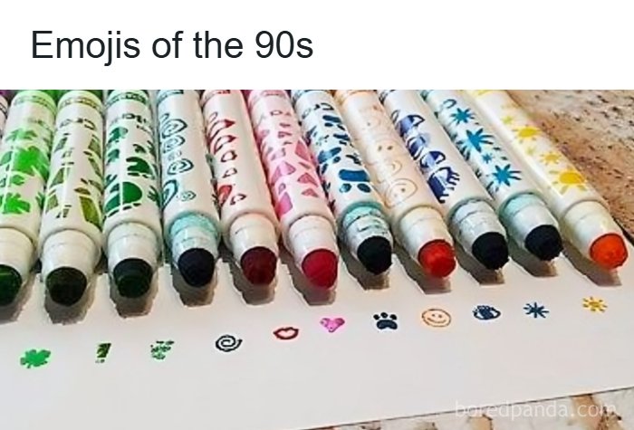 Retractable stamps with 90s emoji designs on paper
