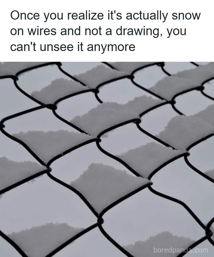 Snow on wire fence resembles a drawing random meme