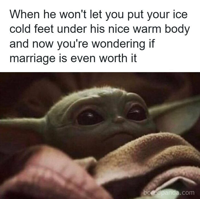 Funny husband and wife meme with Baby Yoda about cold feet under warm body