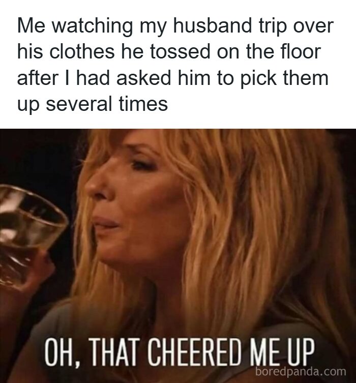 Wife watching husband trip over clothes husband meme
