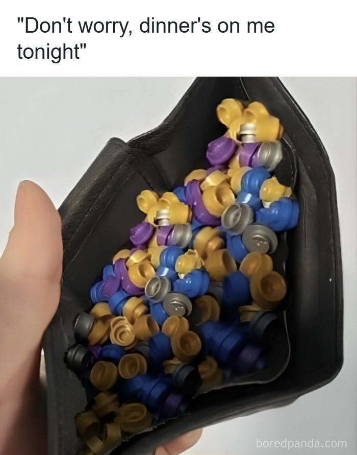 Wallet filled with tiny figurines as joke on humor page
