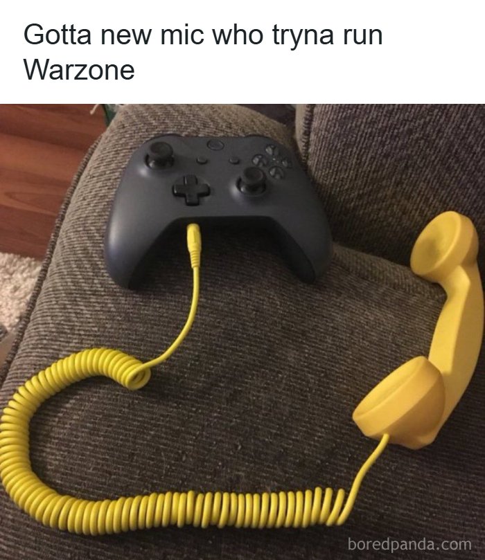 Gaming controller connected to retro phone mic for Warzone humor