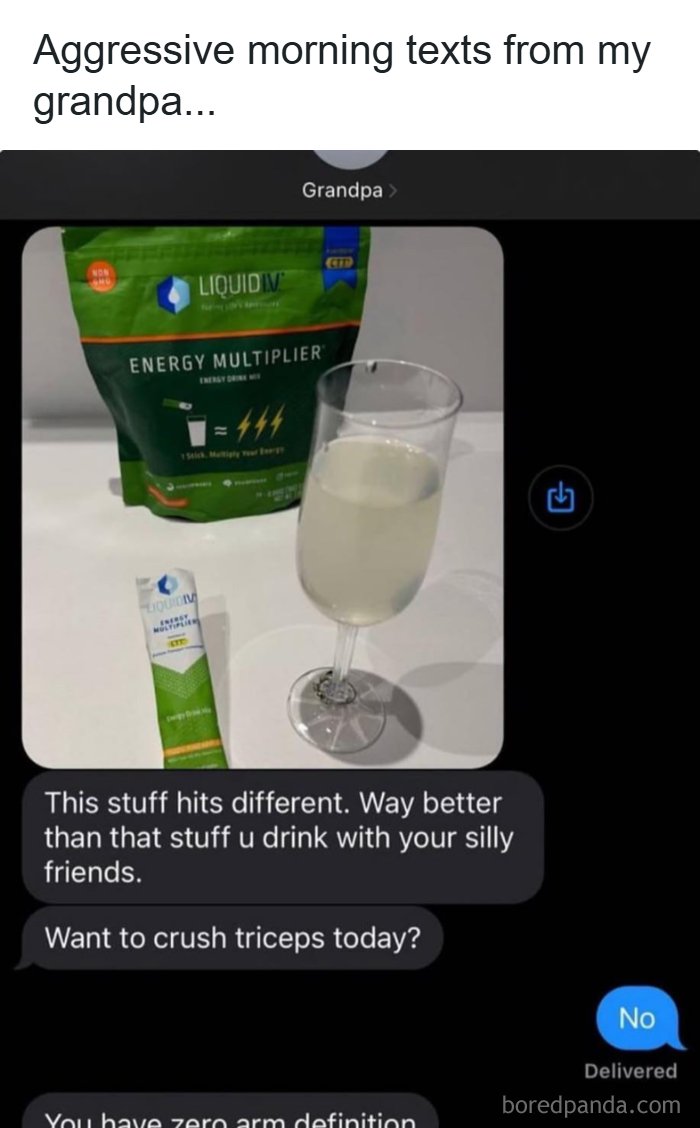 Text conversation about energy drink and tricep workout motivation from grandpa