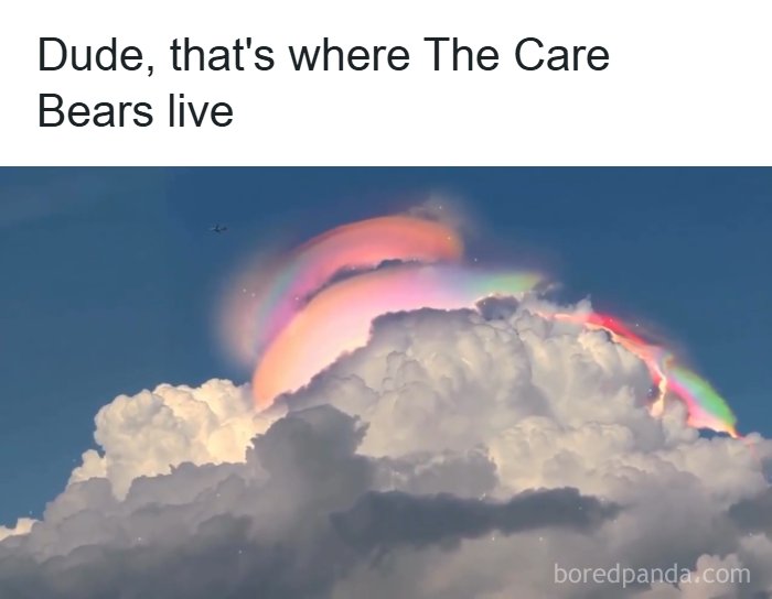 Rainbow colored cloud formation resembling Care Bears cloud from 1990s nostalgia