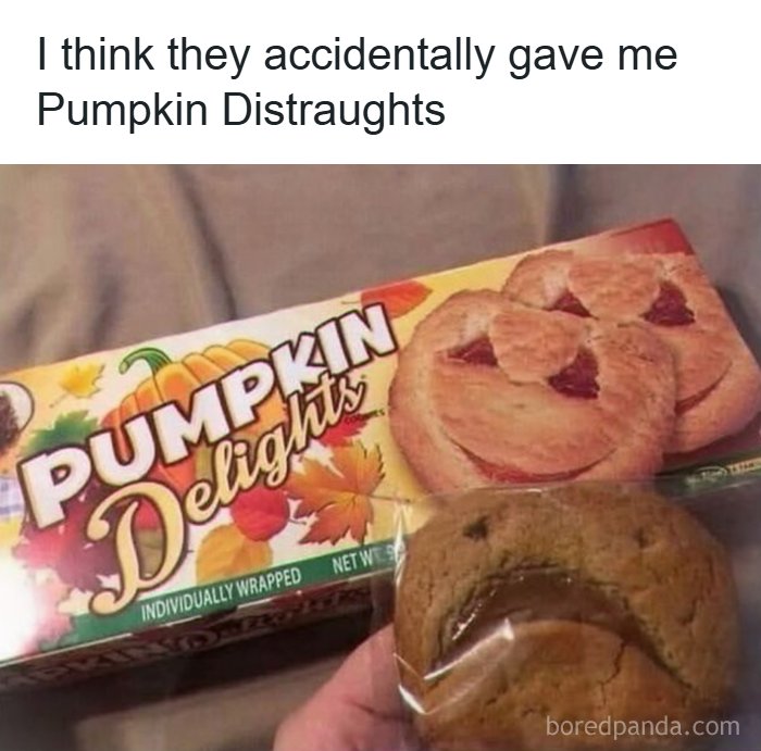 Cringe meme of pumpkin cookies labeled as pumpkin distraughts