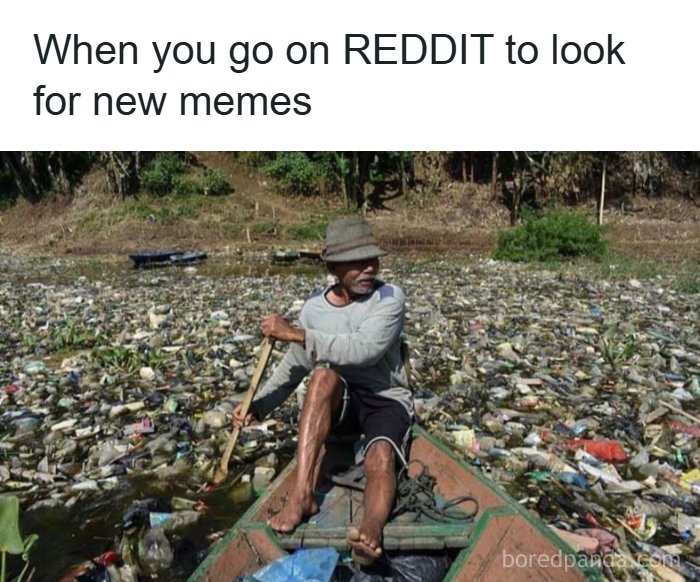 A person in a small boat surrounded by trash in a river, symbolizing the search for new fever dream memes.
