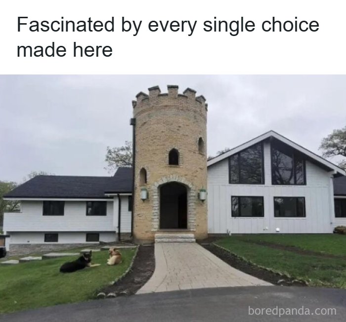 A house with an awkward, mismatched turret, representing an architecture and design fail.