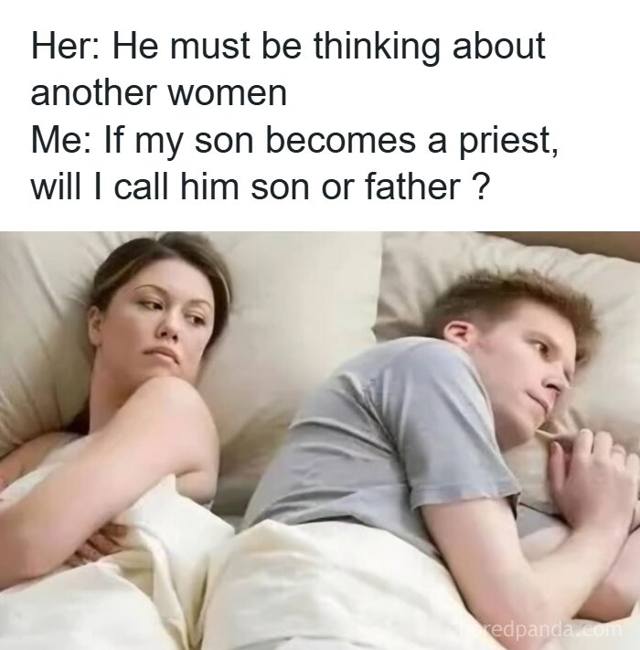 Couple lying in bed funny meme about calling son or father random memes
