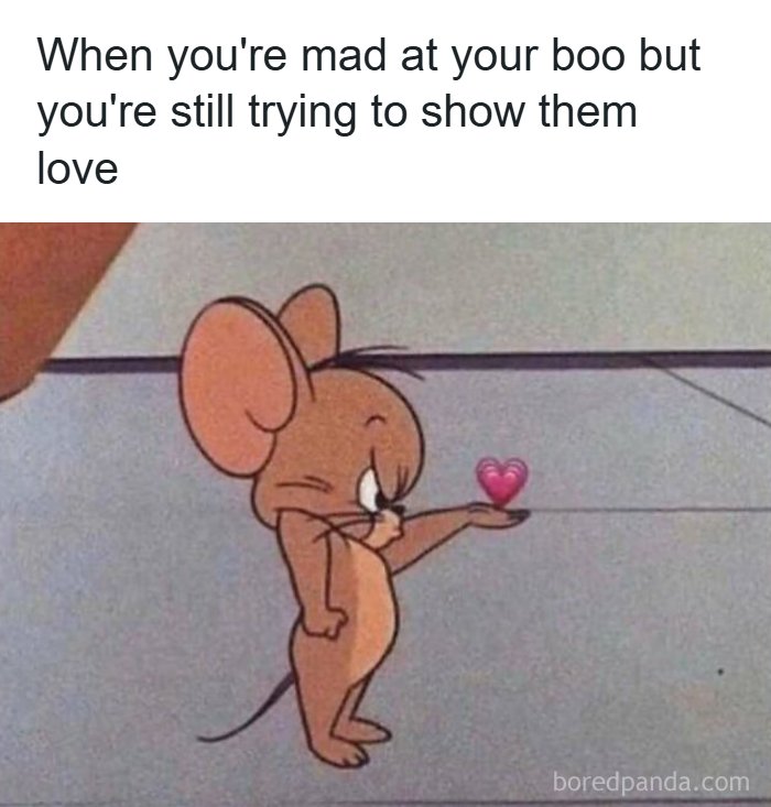 Cartoon mouse offering a heart showing love despite being mad meme relationship humor