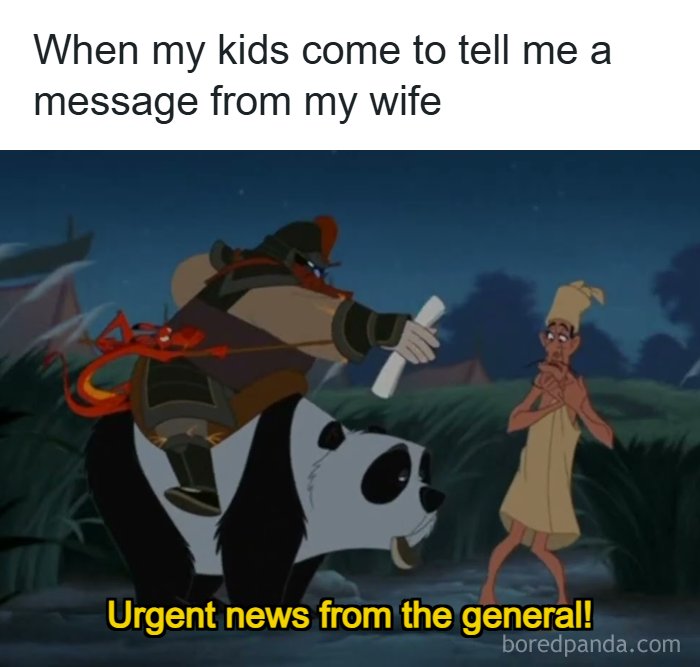 Husband and wife meme about kids delivering urgent messages from wife