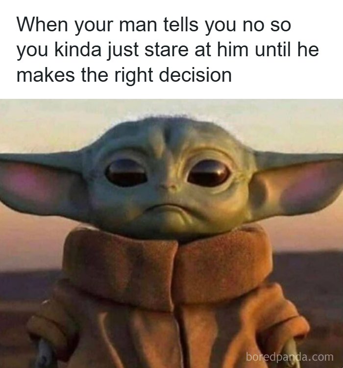 Husband and wife meme featuring Baby Yoda staring to change his man's mind