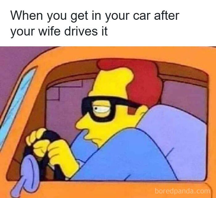 Cartoon character upset driving car after wife drove it humorous marriage meme