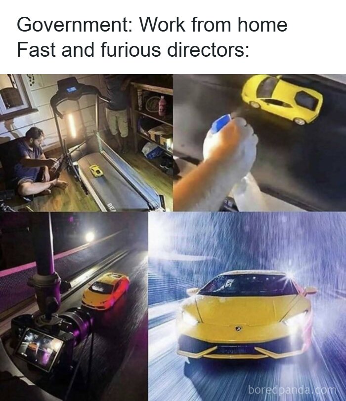 Humorous meme showing DIY Fast and Furious car scene filming at home