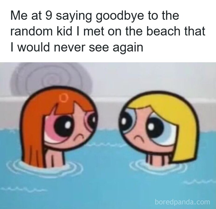 Cartoon characters from childhood saying goodbye on the beach