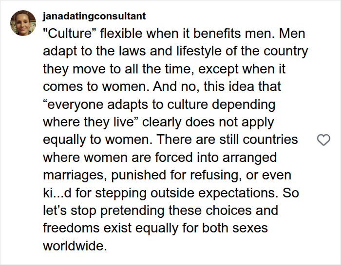 Comment on culture and women's rights in arranged marriages and expectations worldwide