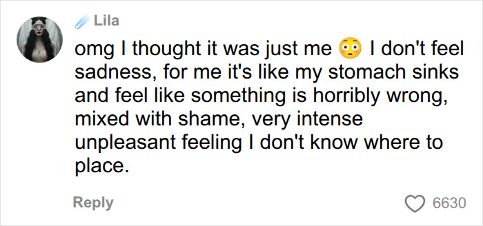 A social media comment describing the intense unpleasant feelings associated with the sadness trigger syndrome.