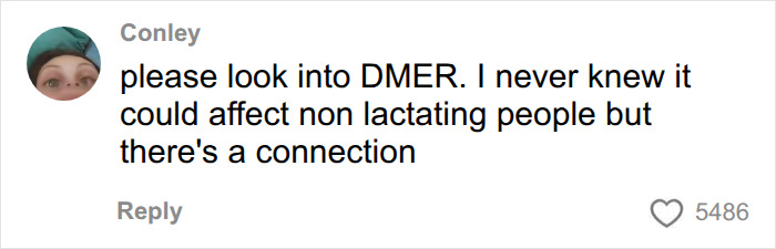 A social media comment discussing the sadness trigger syndrome and its connection to DMER in non-lactating people.