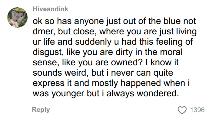 A social media comment from Hiveandink describing a feeling of moral disgust, related to sadness trigger syndrome.